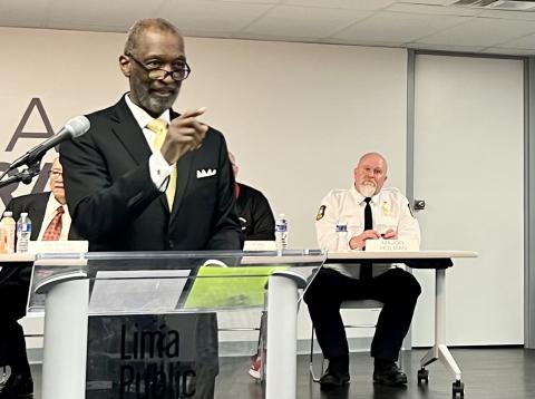  Reverend Arthur L. Butler gives the opening speech at a gun violence prevention forum at the Lima Public Library.
