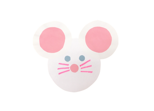 Circular cut out of the face of a white mouse with light blue eyes, pink ears, and a pink whiskered nose. 