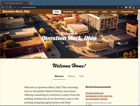 Dan Sinker and Joe Meno created the Ohio town of Question Mark entirely online, populating it with a cast of characters scattered throughout the internet, from the city's homepage, pictured here, to Linkedin to Twitter.