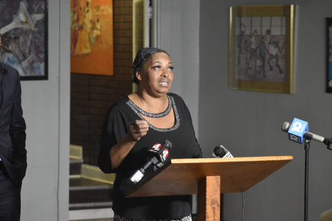 Nadine Young speaks to reporters about the police shooting that killed her granddaughter Ta'Kiya Young at the Sunbury Plaza Kroger. Young's case is one of two in front of the Supreme Court that could determine the public's right to know police officers' identities.