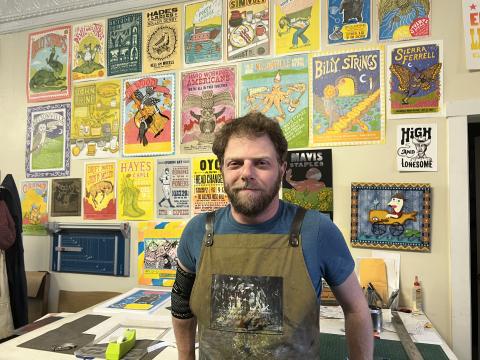  Bobby Rosenstock prints each poster made a Just A Jar Design with a printing press.
