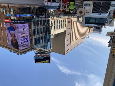 A billboard in downtown Columbus erected by Citizens for Christian Virtue to try to persuade Columbus City School parents to enroll their children in voucher schools while Columbus City School teachers are on strike against the district.