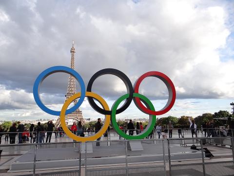 The Olympic rings in the Place du Trocadéro in Paris.<br/>