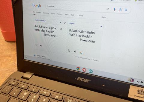 A laptop at a Cuyahoga County Public Library branch shows a middle schooler demonstrating some of the common slang of the day.