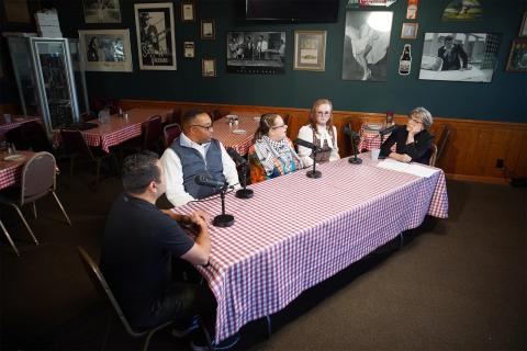 Marwan Alie, Paul Ringold, Julie Stout and Riley DeCavitch (left to right) talk politics with Ideastream Public Media host Amy Eddings (end right) at the Sunrise Inn in Warren, Ohio, on Wednesday, Oct. 9, 2024.