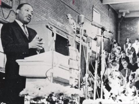 Martin Luther King, Jr. speaks to a crowd of students at Ohio Northern University in 1968.