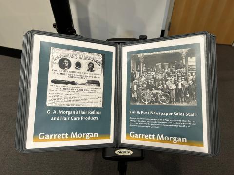 A display at the Western Reserve Historical Society in Cleveland showcases Garrett Morgan’s accomplishments, which included inventing hair care products and founding the Cleveland Call & Post newspaper, which is still in print today.