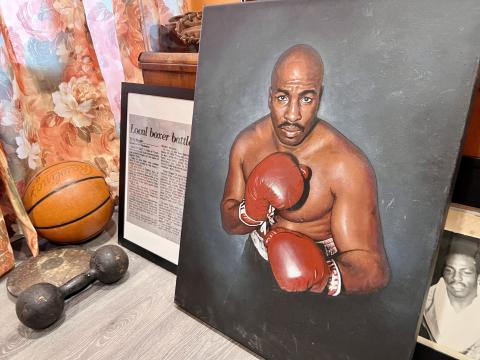 Parts of an exhibit on heavyweight boxer Earnie Shavers await hanging in the Braceville African American Heritage Museum. Shavers is one of many notable people who came from the small rural area.