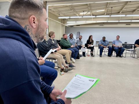 Wayne Thomas introduces himself to a group during the Frederick Douglass Project for Justice at Pickaway Correctional Institution. It's a program that connects those inside and out of prison.
