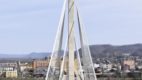 Portsmouth, Ohio and the U.S. Grant Bridge as seen from Kentucky on March 19, 2025. Portsmouth was hit hard by the opioid epidemic. For years, it had the highest drug overdose death rate in the state.