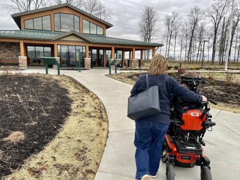 Heather and Joel Buyer walk up to the newly renovated Fayette County rest area. Many of Ohio's rest stops will have universal changing tables that can benefit families like the Buyers in Washington Court House.