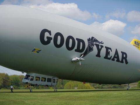 Goodyear Tire and Rubber Company's Wingfoot One airship is parked outside the company's Wingfoot Lake hangar in Suffield, near Akron.