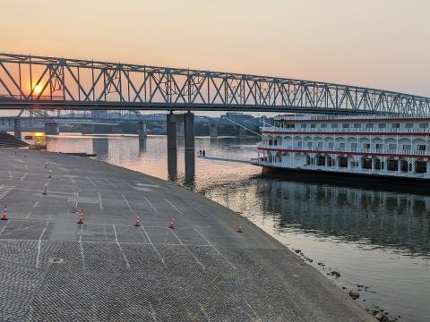 A hazy sunrise along the Cincinnati riverfront on Thursday, June 8, 2023. Ohio is under an air quality alert due to smoke and particulates from wildfires in Canada.