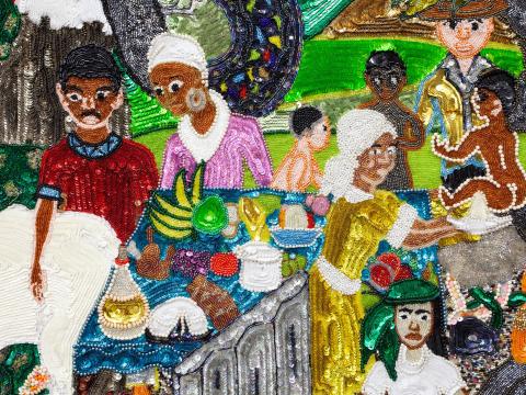 A detail view of Myrlande Constant's "Sosyete Radha," 2024. Akron Art Museum acquired this drapo using beads, sequins, and tassels on fabric for its permanent collection.