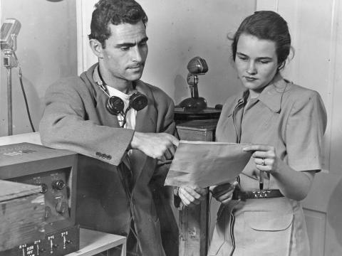 Rod and his wife, Carol Kramer Serling, in the Antioch College radio studio