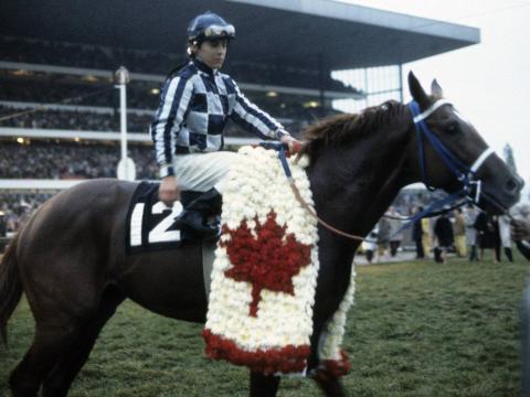 Eddie Maple atop Secretariat, affectionately dubbed "Big Red" at the Canadian International Stakes at Woodbine Racetrack in Toronto, Canada.