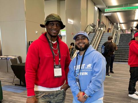 Shakur Collins, left, and Reinaldo Gonzalez, right, came to the 15th annual National Conference on Higher Education in Prison in Cleveland this week. Both formerly incarcerated, they now work in re-entry programs to help people reacclimate to life outside prison.<br>