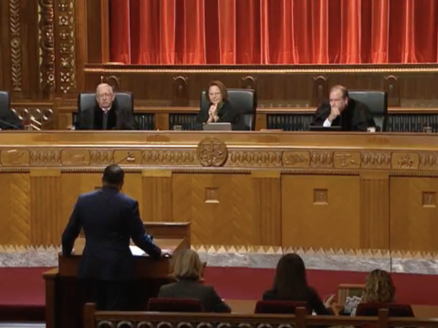 The Ohio Supreme Court as seen at a September 2023 hearing. Brunner, left, is up for re-election this fall and will face one of four candidates chosen in next month's primary.