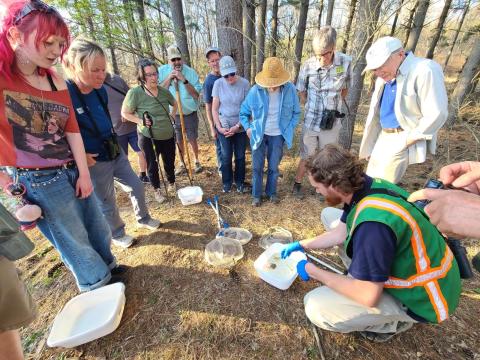Fernald's Luke Thies (green vest) leads a tour group looking for salamanders in March 2026.