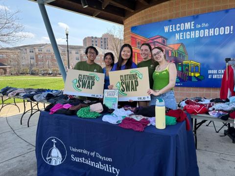 Student leaders at the Hanley Sustainability Institute at the University of Dayton organize clothing swaps on campus three times a semester. Since the program started less than two years ago, students have exchanged hundreds of pounds of clothes.