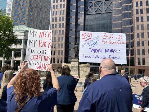 Nurses rally at the Ohio Statehouse on Thursday May 8, 2025