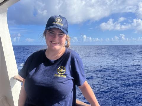Jacqueline Ratliff stands aboard the Nautilus exploration vessel. It is capturing deep sea habitats in the Pacific.